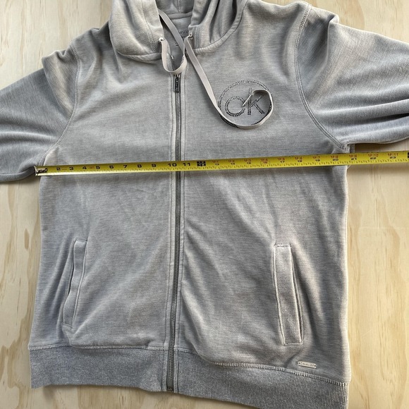 Calvin Klein Hoodie Womens Large Gray Full Zip Fleece Rhinestone Logo Sweatshirt - Picture 8 of 10